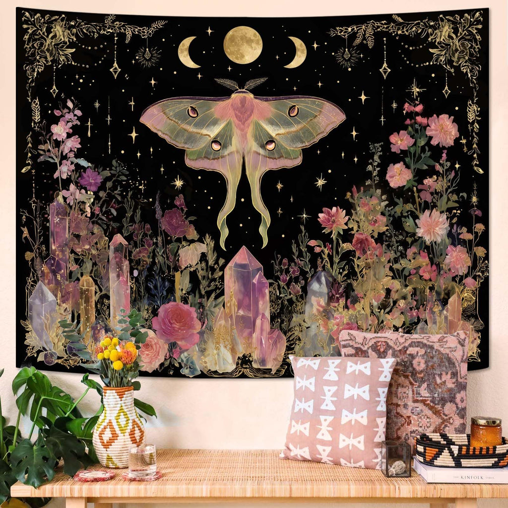Boho Moon Butterfly Floral Tapestry, Witchy Aesthetic Moon Phase Luna Moth Wall Art Living Room Home Decor, Pink