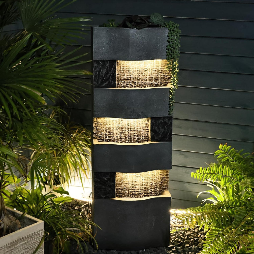 40.5" H Modern Outdoor Water Fountain with LED Lights - Tall Garden Waterfall Fountain