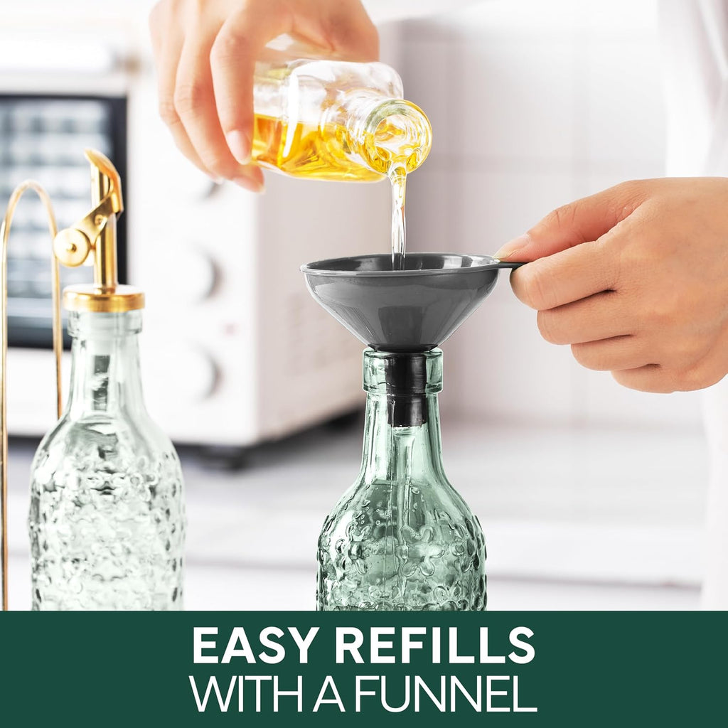 Glass Olive Oil Bottle Dispenser - 2 Pack- 17oz Oil and Vinegar Cruet - Olive Oil Carafe Decanter, Floral, Green - Set of 2