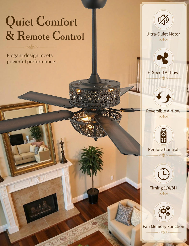 60 Inch Victorian Chandelier Ceiling Fan with Light, Aged Bronze Fandelier