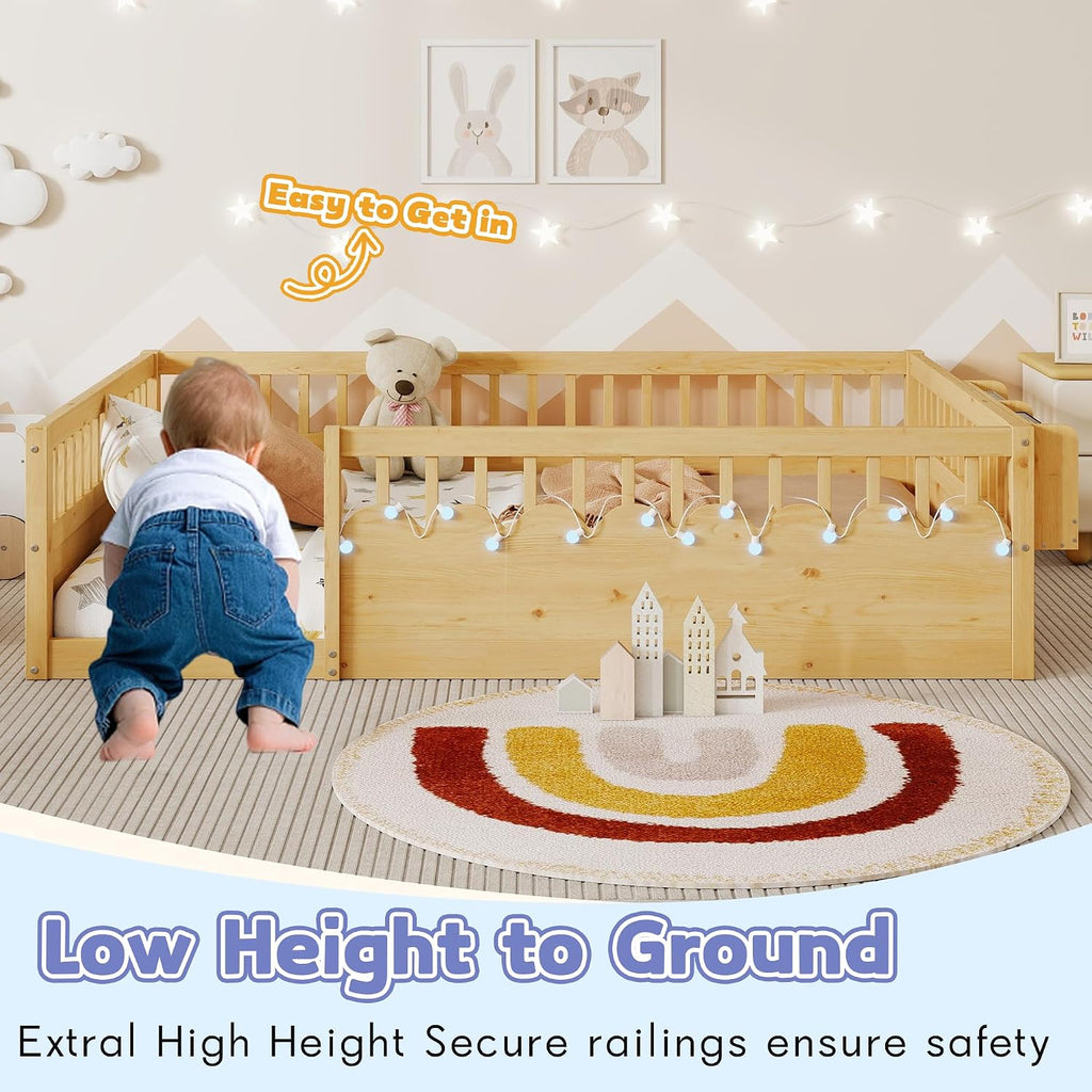 Floor Bed for Kids, Montessori Beds with High Fence Railings, Wood Playhouse Bed with Rails, Light &