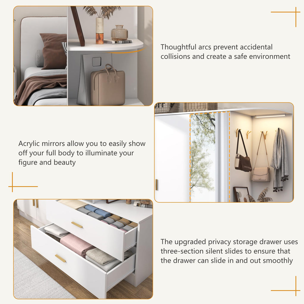 Armoire Wardrobe Closet with Mirror & Sensor Light, Bedroom Armoire with 5 Doors & 2 Drawers, Modern Wooden Large