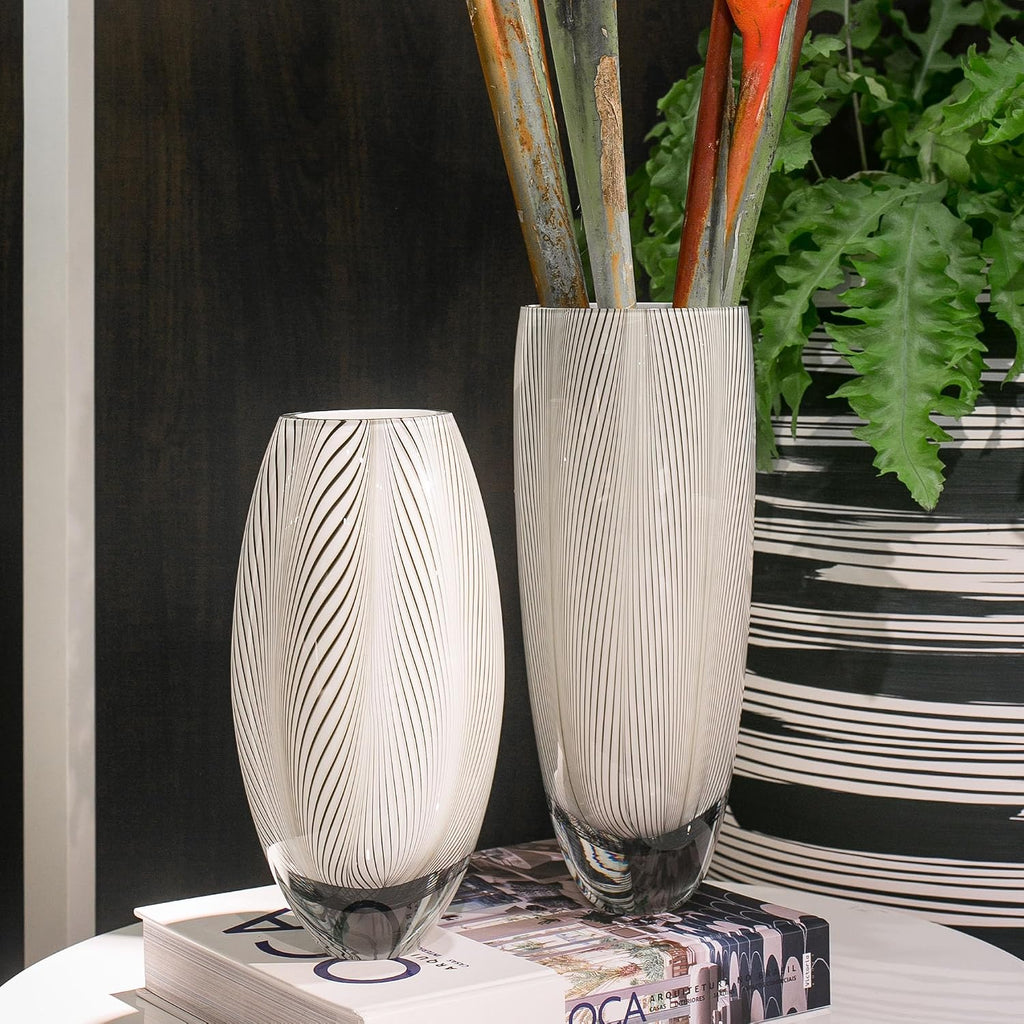 Murano Style Glass Vase Hand Blown White Feather Pattern Effect Home Decor | Hand Blown Glass Vase, Decorative Table