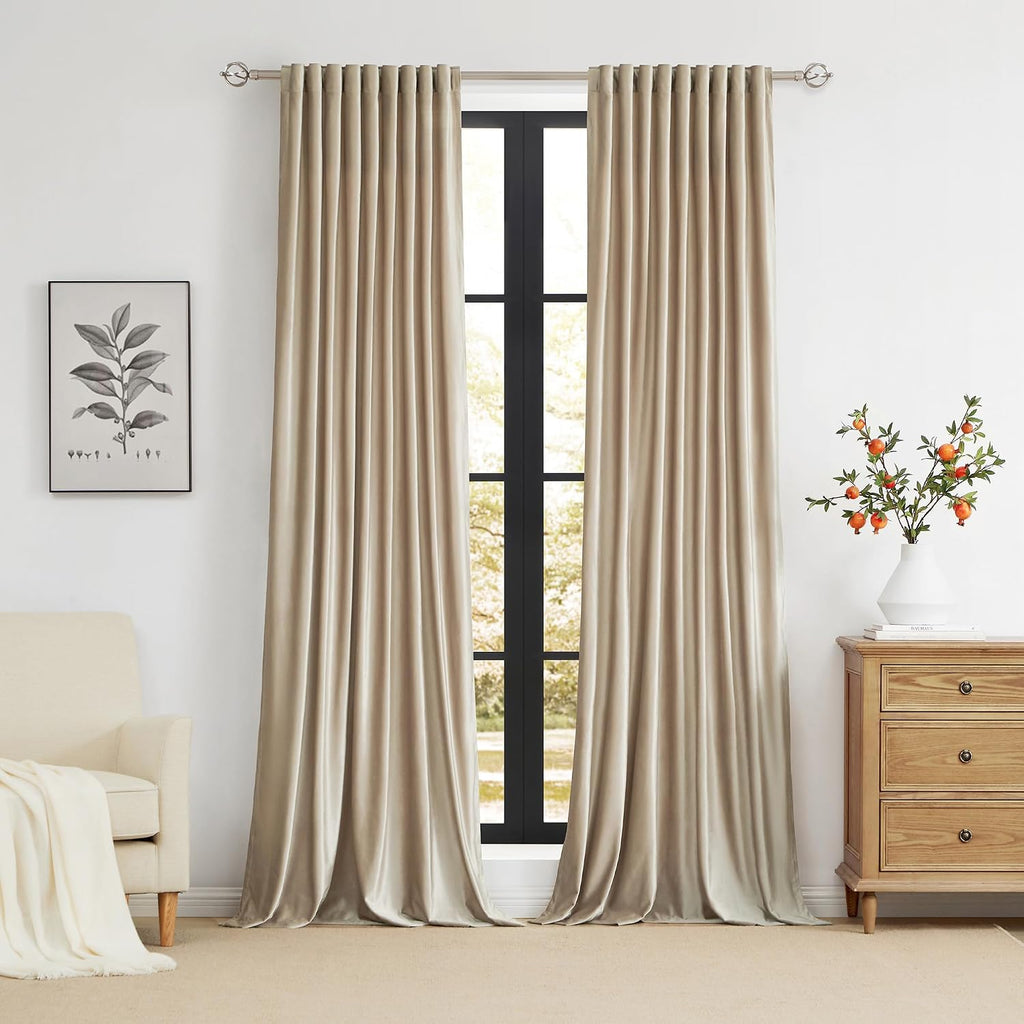 Champagne Polyester Velvet Curtains 96 inch Long,Set of 2 Panels Blackout Rod Pocket Back Tab Window Treatment Room