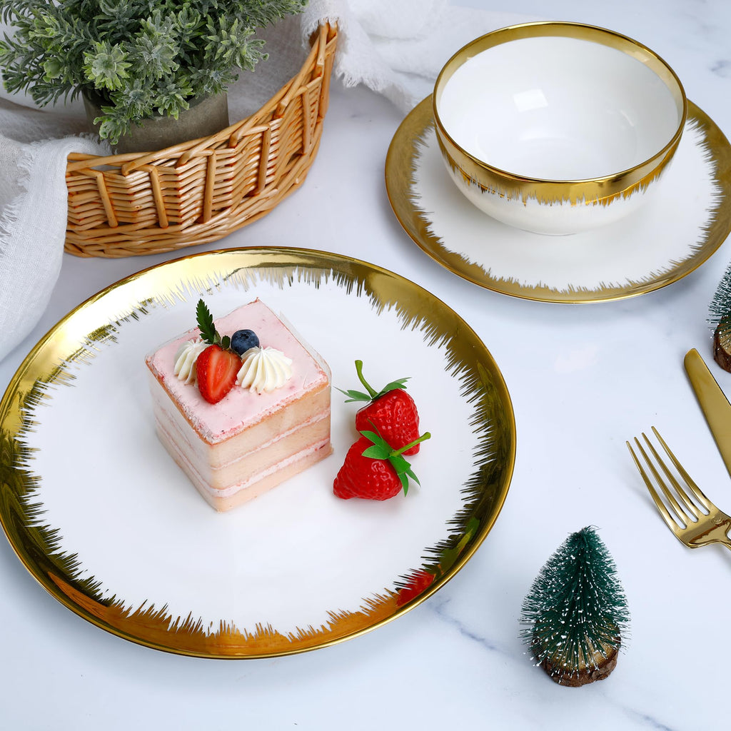 12-Piece Porcelain Dinnerware Set for 4, Luxury White Dish Set with Hand-Painted Gold Trim, Flat Plate Design for
