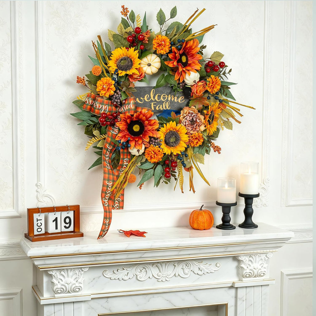 24 Inch Harvest Fall Wreaths for Front Door, Rustic Harvest Autumn Wreath