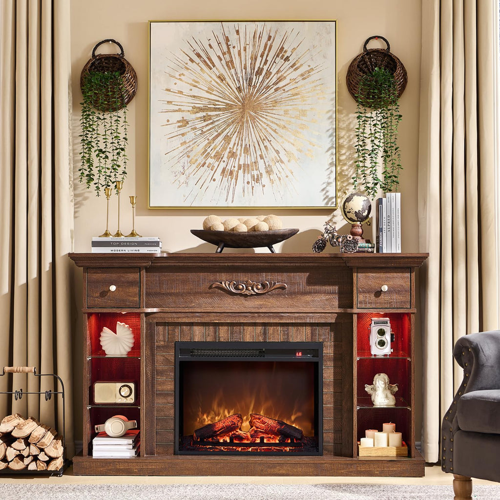 54" Farmhouse Electric for 60 Inch TV, 33" Tall LED Entertainment Center w/7 Color, Open Adjustable Shelves &