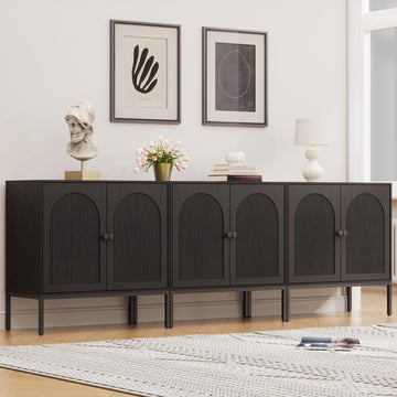 Fluted Sideboard Buffet Cabinet with Storage, Set of 3, Black