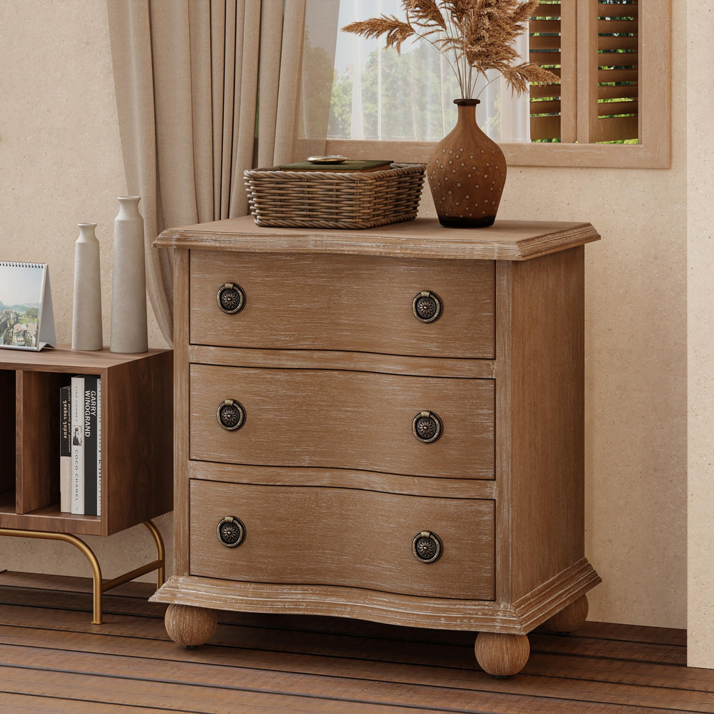 Rustic Farmhouse 3 Drawer Nightstand, Almost Fully Assembled, Brown