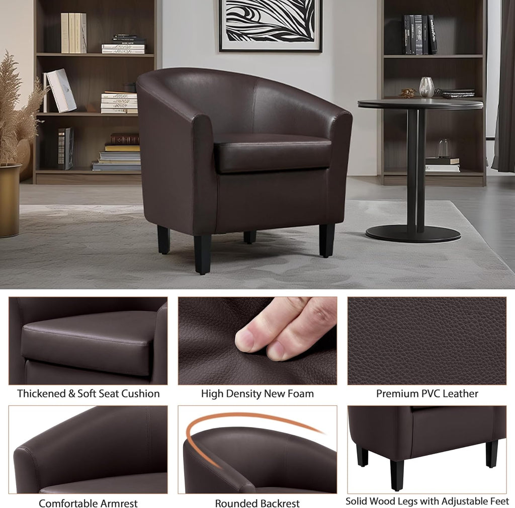 Accent Chairs, Faux Leather Barrel Armchairs Espresso - Set of 2
