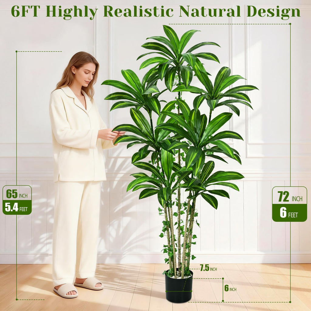 6FT Artificial Dracaena Tree Fake Tall Plant Indoor with Black Planter