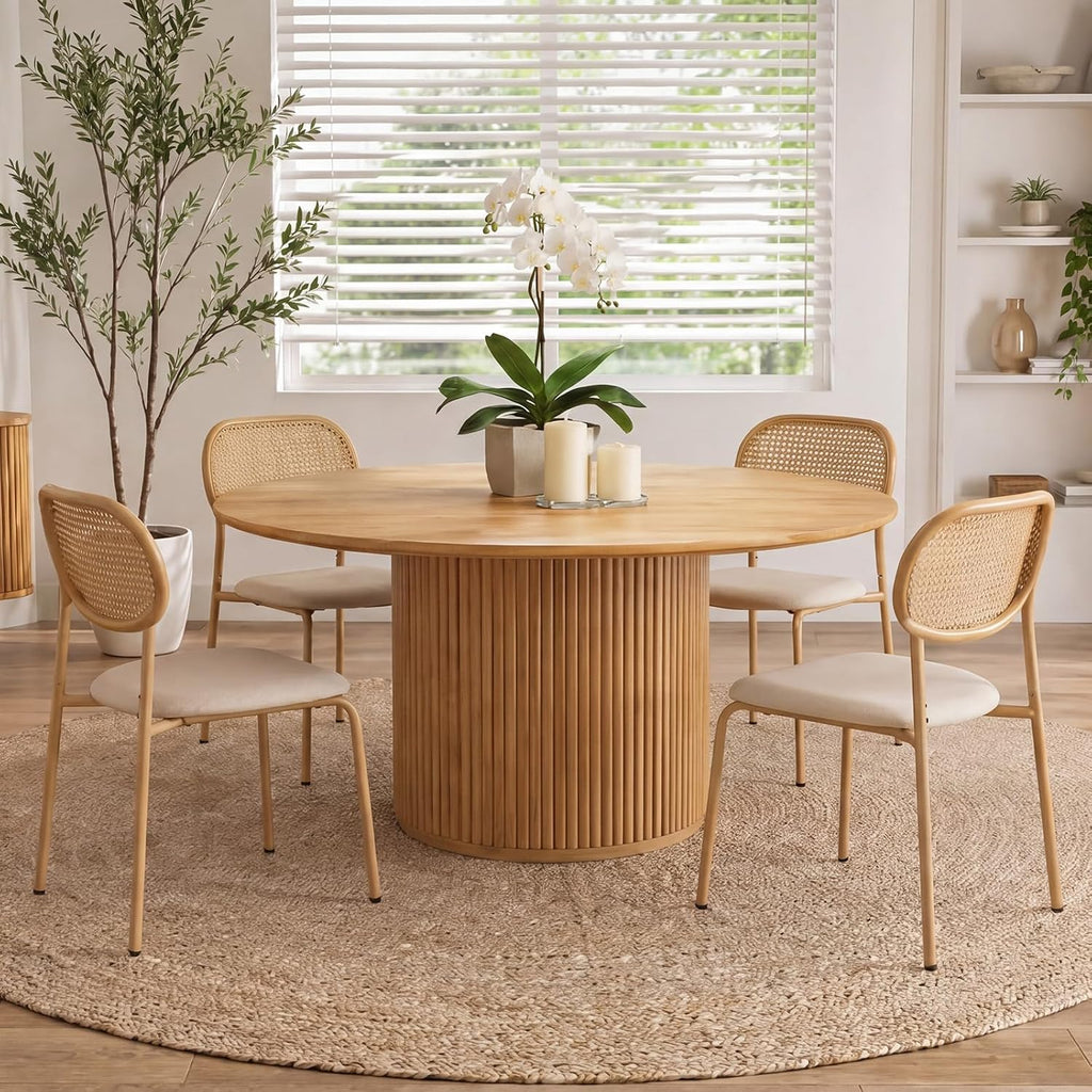 Boho Dining Chairs Set of 4 with Rattan Back, Upholstered Cane Seats, Metal Legs - Perfect for Dinner, Living Room