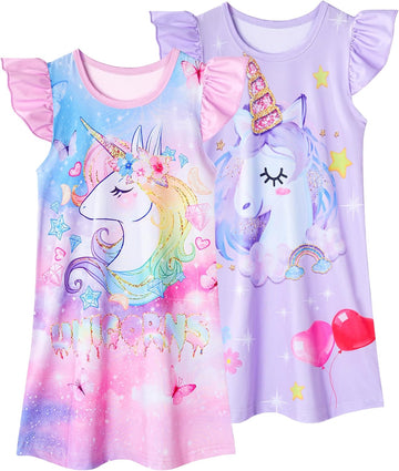2Pcs Girls Nightgowns Flutter Short Sleeves Dress Nightdress Sleepwear Pajamas Nightgowns for Girls