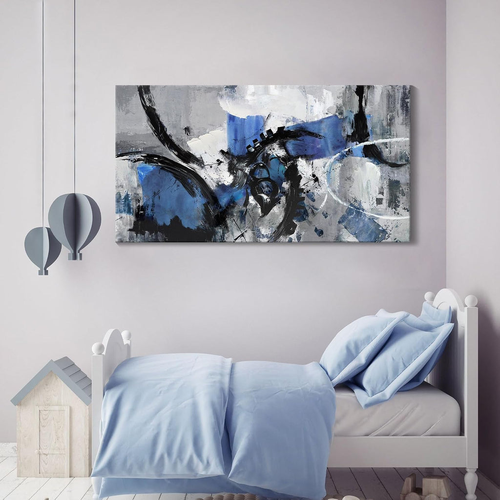 Abstract Canvas Wall Art: Large Wall Art Paintings, Modern, Framed Artwork in Blue and Black -Bedroom, and Office