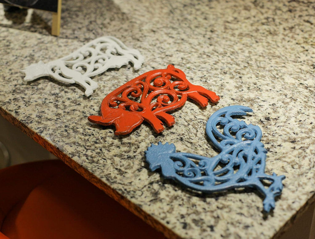 Farm Animal Kitchen Trivets, Red White Blue 9 Inch Cast Iron - Set of 3
