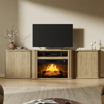 70" Fluted Electric Fireplace TV Stand, Mid Century Modern, Oak