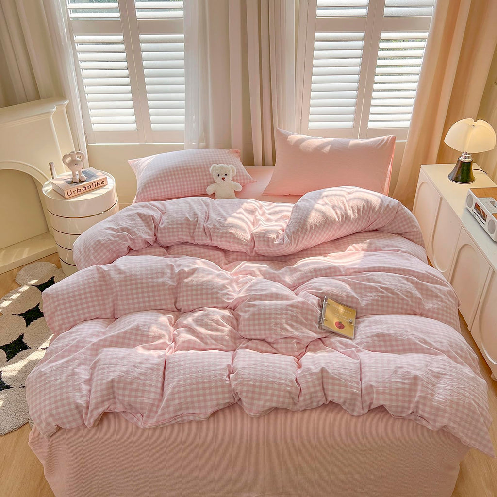Pink Gingham Duvet Cover Set Cotton (90"x90"), Pink White Plaid