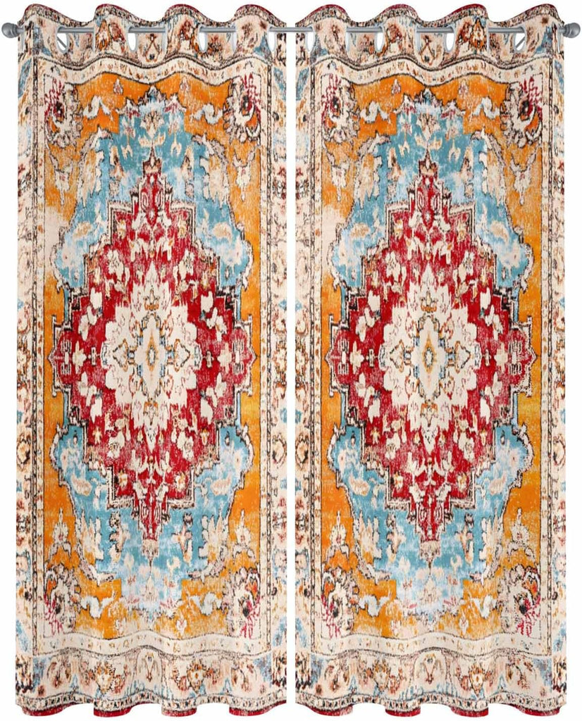 Orange Boho Outdoor Curtain Waterproof, Vintage Ethnic Geometric Weatherproof Outside Curtains with Grommet Top