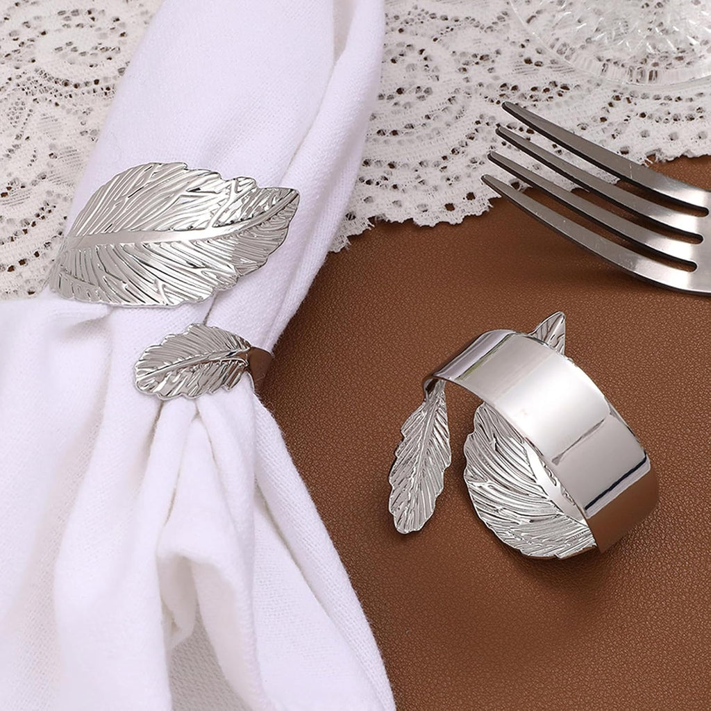 Silver Napkin Rings,Shiny Metal Leaf Napkin Ring Silver Napkin Holder for Table Setting Decor,Stylish Rings - Set of 12