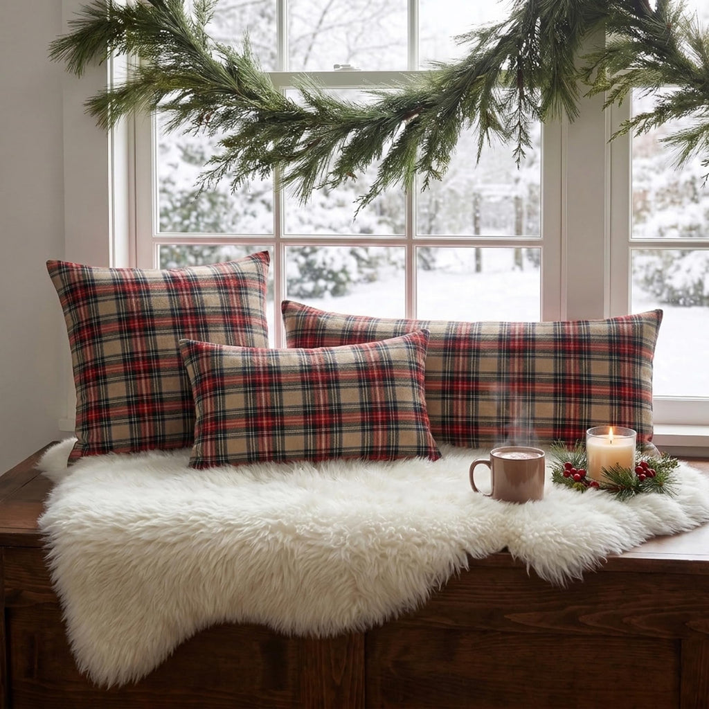 14x36 Brown Christmas Tartan Plaid Long Lumbar Pillow Cover, Cottage Decor