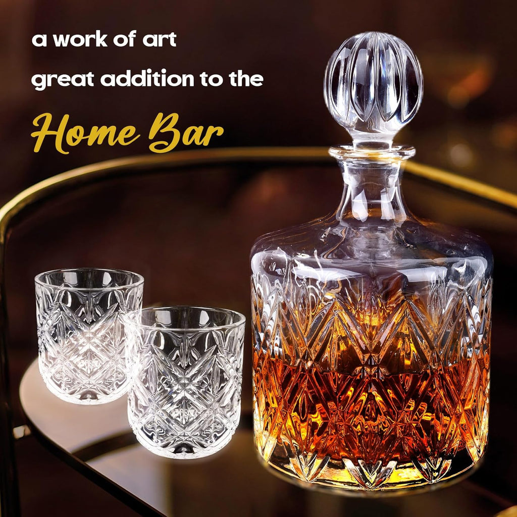 Lead-Free Crystal Whiskey Decanter Set, 37 oz, 4 Glasses, Premium Gift Box for Bourbon, Scotch & Home Bar