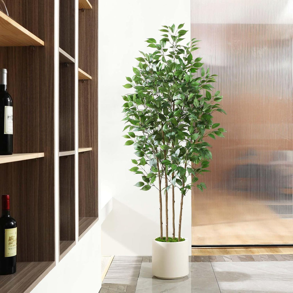 Ficus Artificial Tree 6ft Fake Silk Plant Decor Indoor, Faux Floor Tree in White Imitation Ceramic Planter with Green