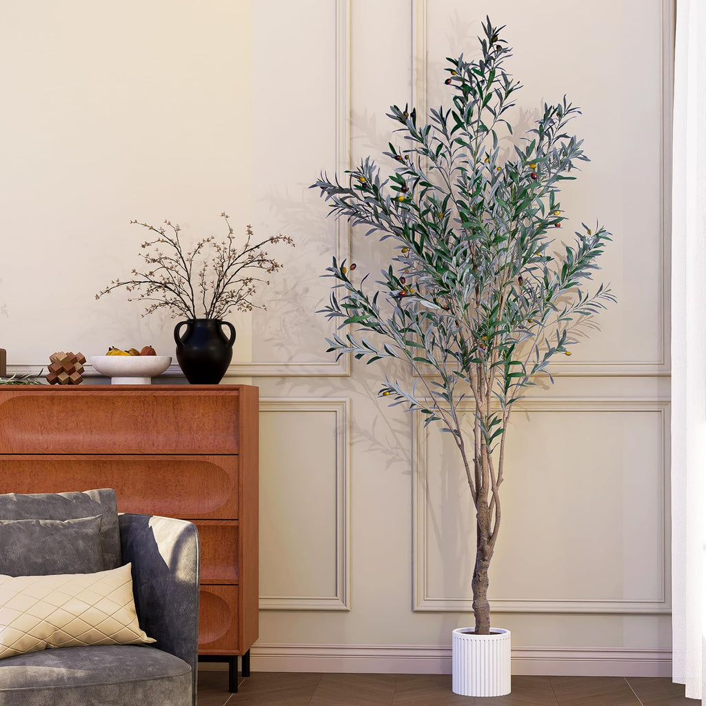 Olive Trees Artificial Indoor, 8ft Tall Faux Olive Tree with Natural Wood Trunk, Realistic Leaves & Fruits, Tall