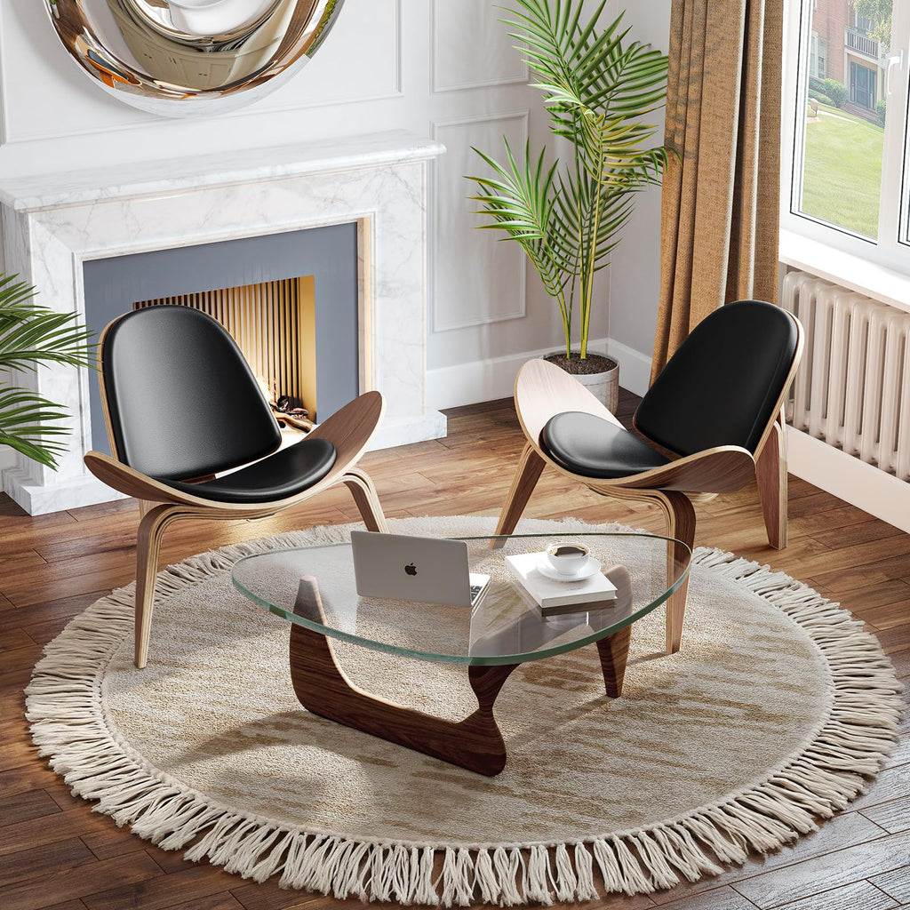 Mid Century Modern Shell Lounge Accent Chairs, Faux Leather