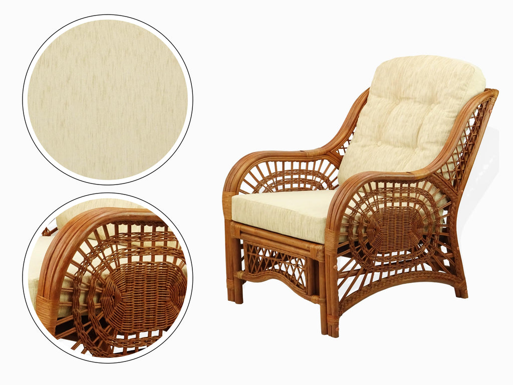 Malibu Lounge Living Accent Armchair Natural Rattan Wicker Handmade Design, Colonial with Cream Cushion