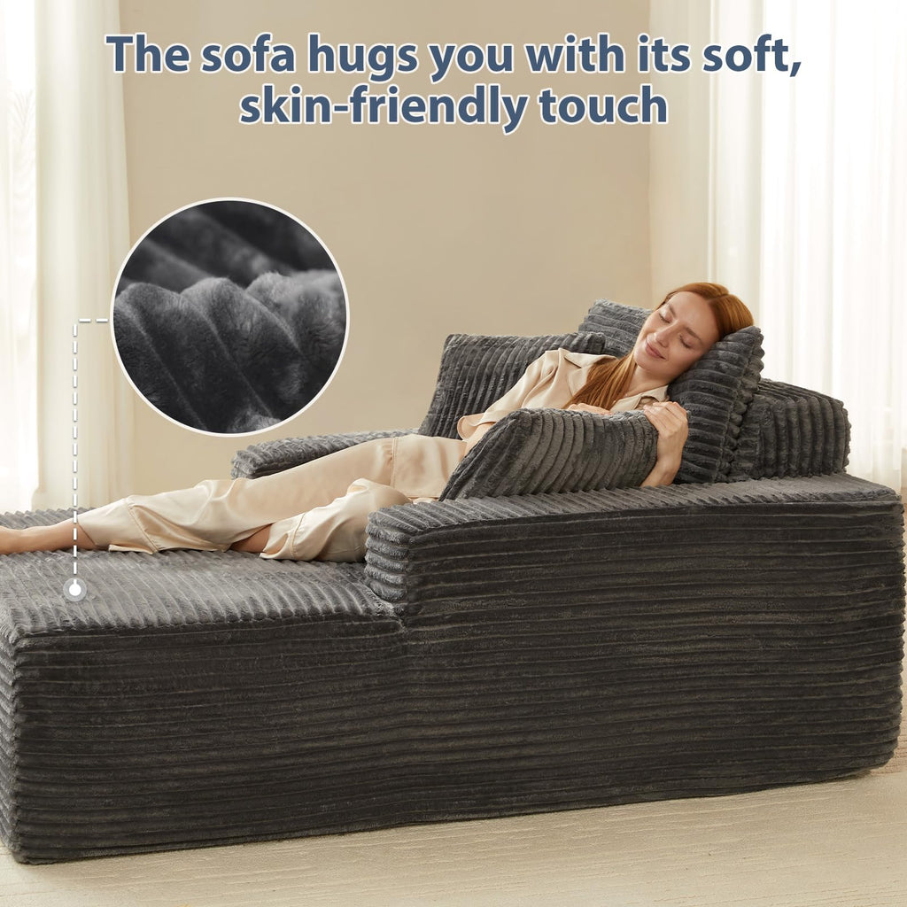 63'' Boneless Chaise Lounge Chair Indoor, Comfy Oversized Chair, Corduroy Upholstered Fluffy Cloud Couch, Deep Seat
