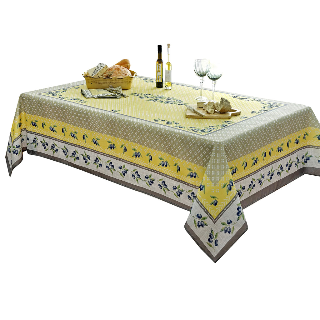 Rectangle Fabric Tablecloth, 52 x 70 Inch, Olivier Yellow and Grey Olive Print, Stain and Water Resistant Fabric