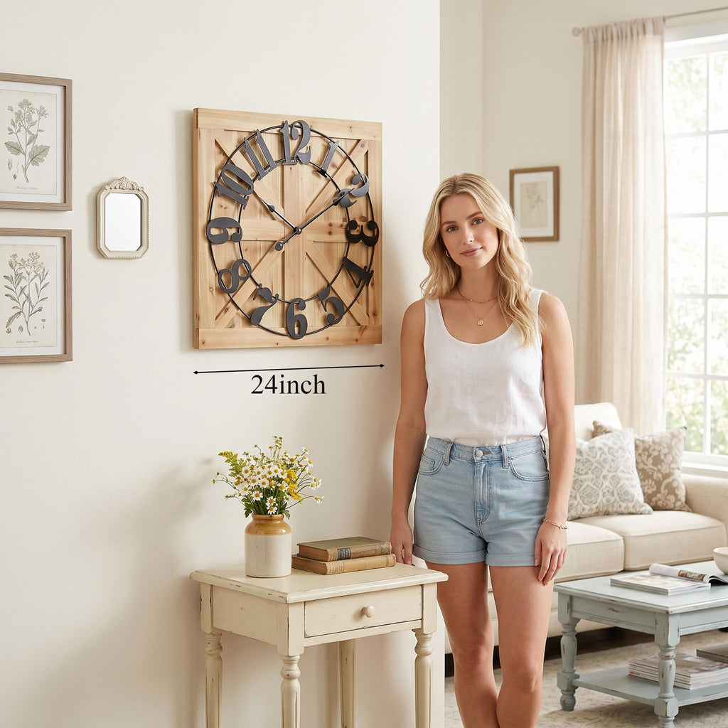 24 Inch Large Square Wood Wall Clock - Rustic Farmhouse Wall Decor, Silent Non-Ticking Battery Operated Clock with
