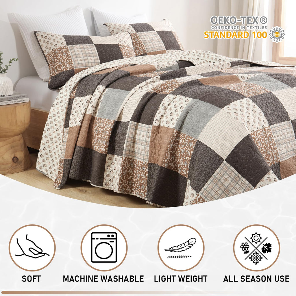 100% Cotton Quilt Set, Cottage Printed Check, Brown Charcoal