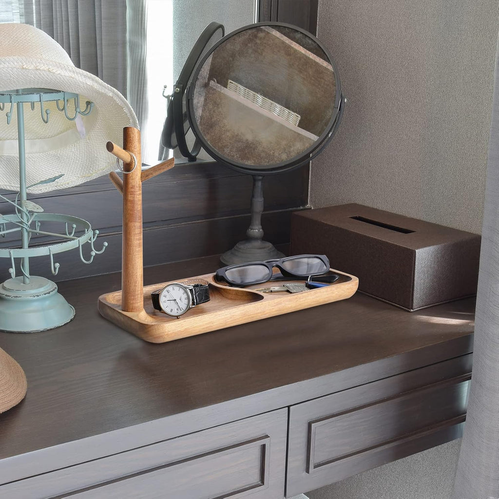 Wood Key Tray for Entryway Table, Jewelry Tray, Catchall Tray with 3 Stand Hanging Organizer, for Rings, Phone