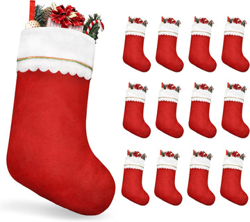 Christmas Stockings, 19" Red and White Christmas Stockings, Traditional Bulk Christmas Stockings with Gold Trim - Set of 12
