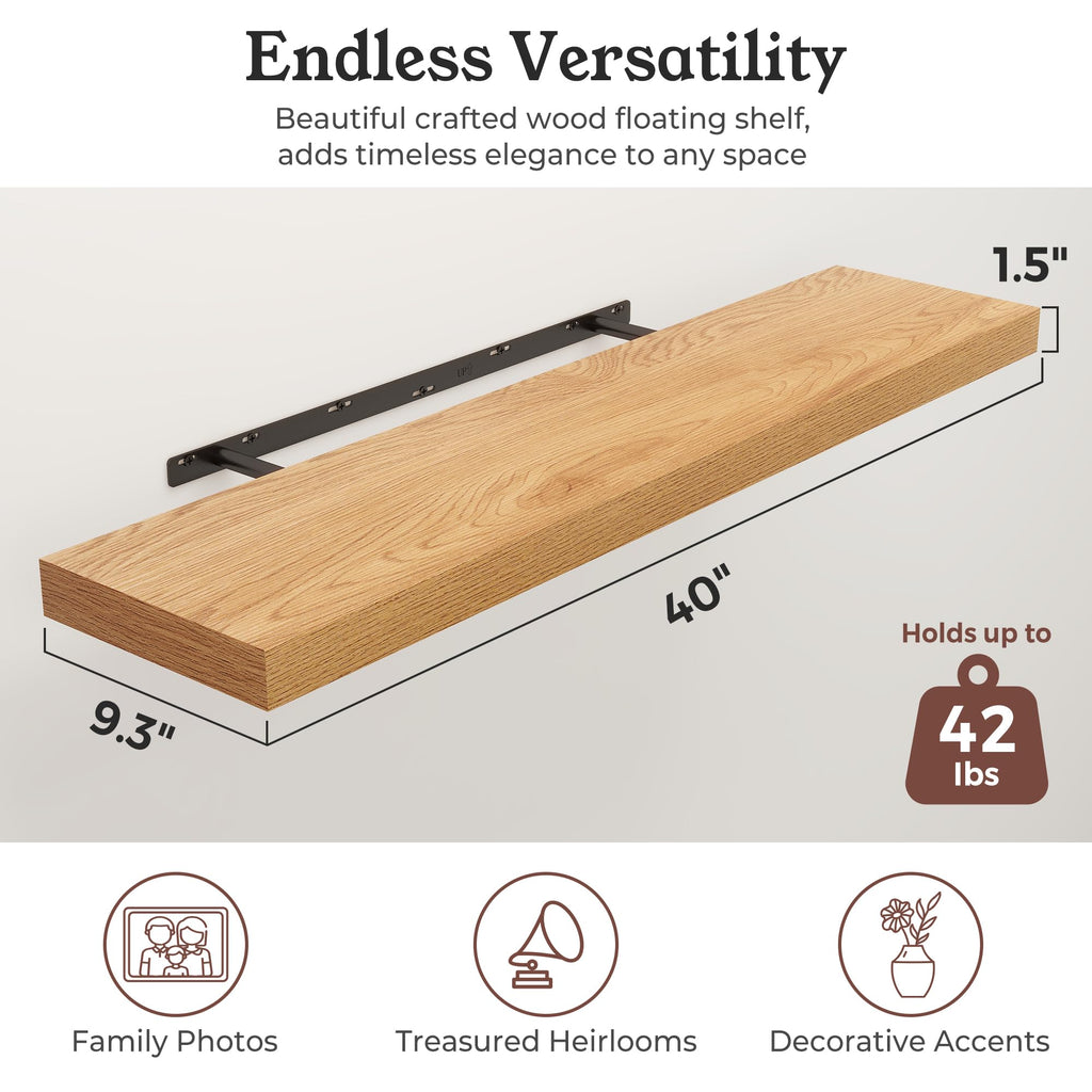 40" Natural Oak Color Floating Shelves Wood Wall Shelf, Set of 2