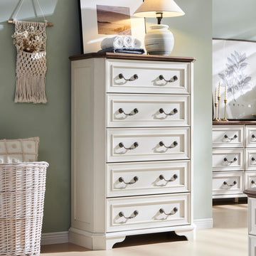 Farmhouse 5 Drawers Dresser, 48" Tall Wood Rustic Chest of Drawers with Natural Texture, Vintage Design, Storage
