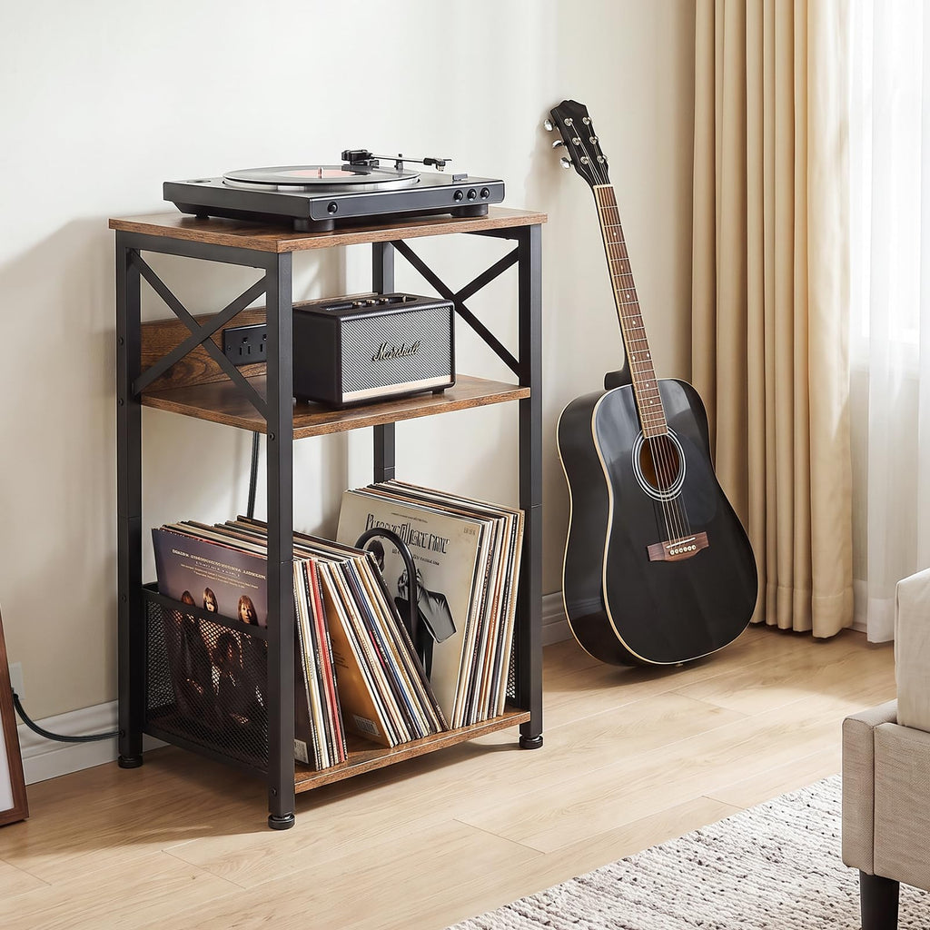 Record Player Stand with Charging Station, Vinyl Record Storage