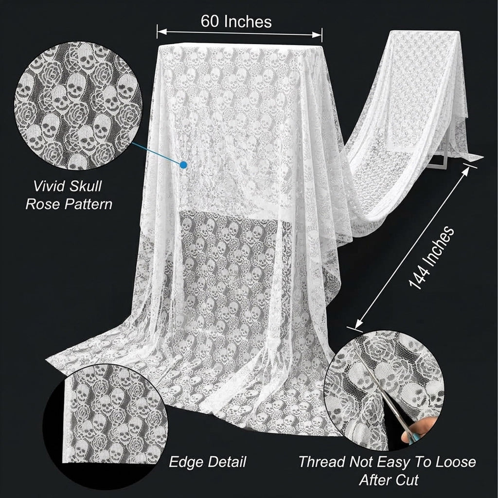 60 x 144 Inches Skull Rose Pattern Lace, White Wedding Lace Fabric, Non-Elastic Garment Sewing Fabric, 60 inches