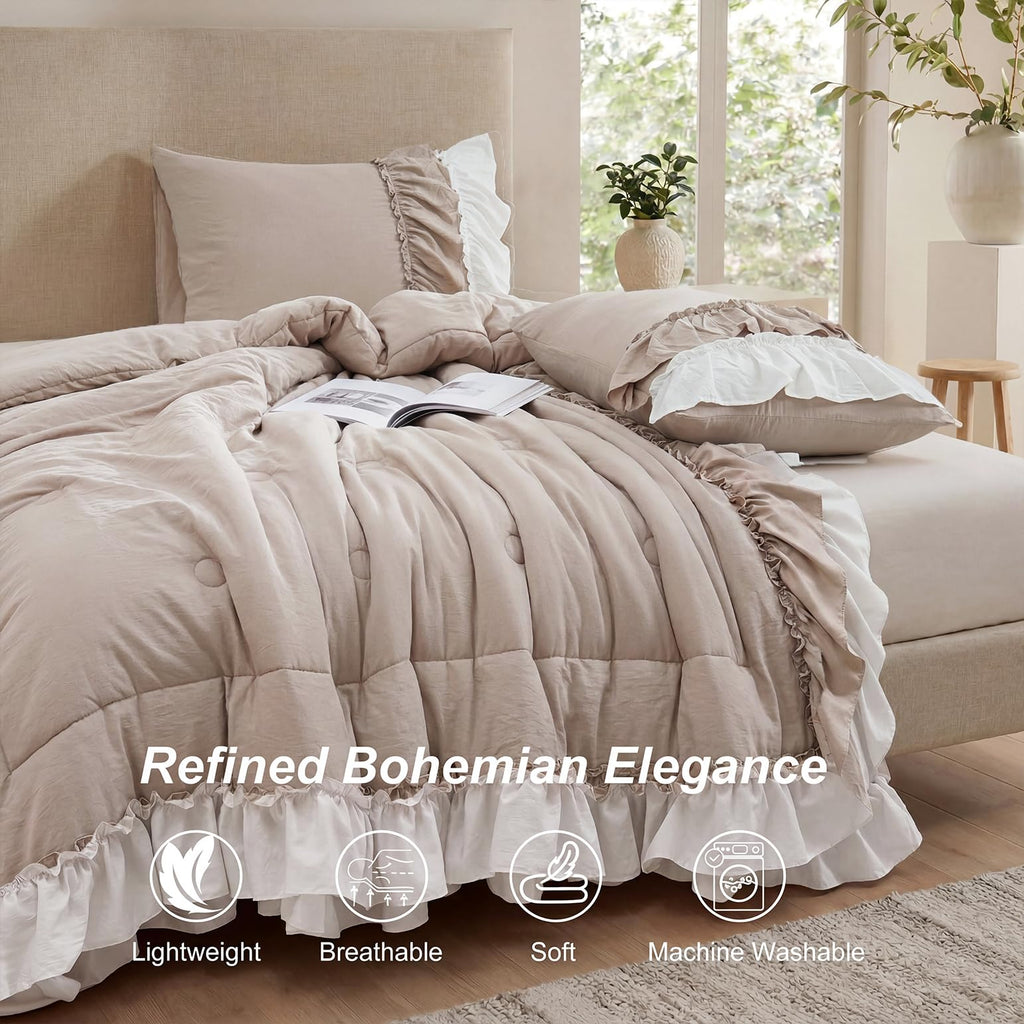 Taupe and White Two-Tone Ruffle Comforter Set, 3 Pieces Shabby Chic Farmhouse Bedding, Soft Microfiber Comforter