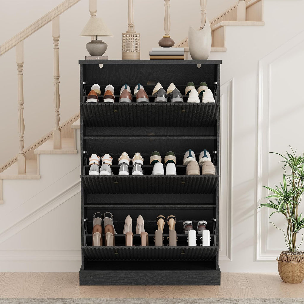 Fluted Shoe Cabinet Storage with 3 Flip Drawers, Wooden Fluted Narrow Shoe Organizer with Adjustable and Removable