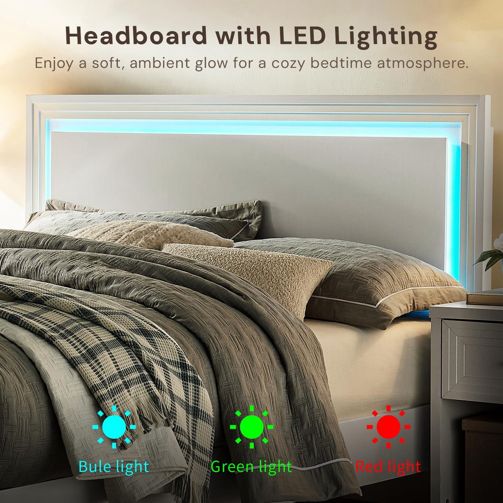 Bed Frame with LED Headboard, White Wood Platform Bed with Picture Frame Panel Headboard and Footboard, Modern