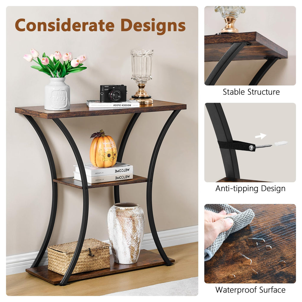 3 Tier Console Table with Open Wood Shelves, Decorative Entryway Table with Curved Metal Frames, Narrow Sofa Table