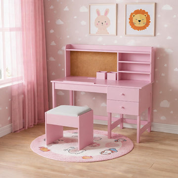 Ergonomic Kids Desk & Chair Set - Adjustable Wooden Study Table with Tilt Desktop, 2 Drawers, Storage Shelves, Cork