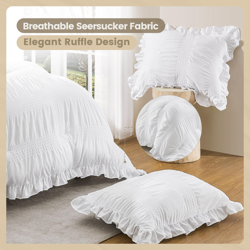 Comforter Set Seersucker, 7 Pieces White Ruffle Bed in a Bag