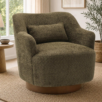 Swivel Accent Chair with Pillow, Solid Wood Base, Olive Green | 360°Swivel Accent Chair, Swivel Barrel Chair, Modern