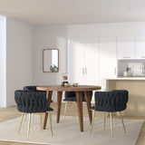 Woven Velvet Dining Chairs Set of 2, Upholstered Velvet Dining Chairs with Gold Metal Legs, Modern Style, Black