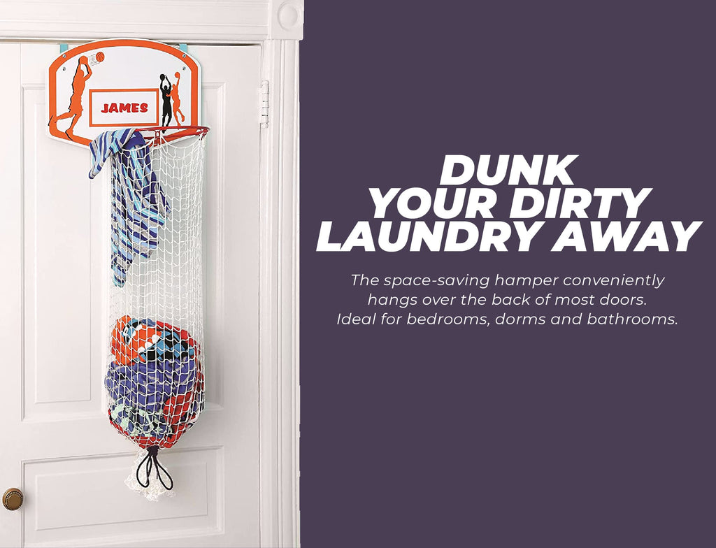 Over the Door Basketball Laundry Hamper - Space Saving Hanging Hamper with Metal Ring, Backboard, Drawstring Bag