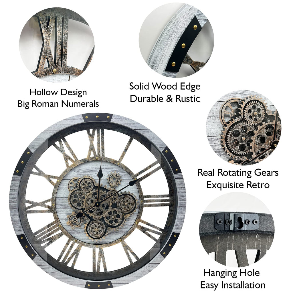 24" Large Wall Clock with Moving Gears, Oversize Vintage Industrial Rustic Farmhouse Clocks Decor Office Home, Solid
