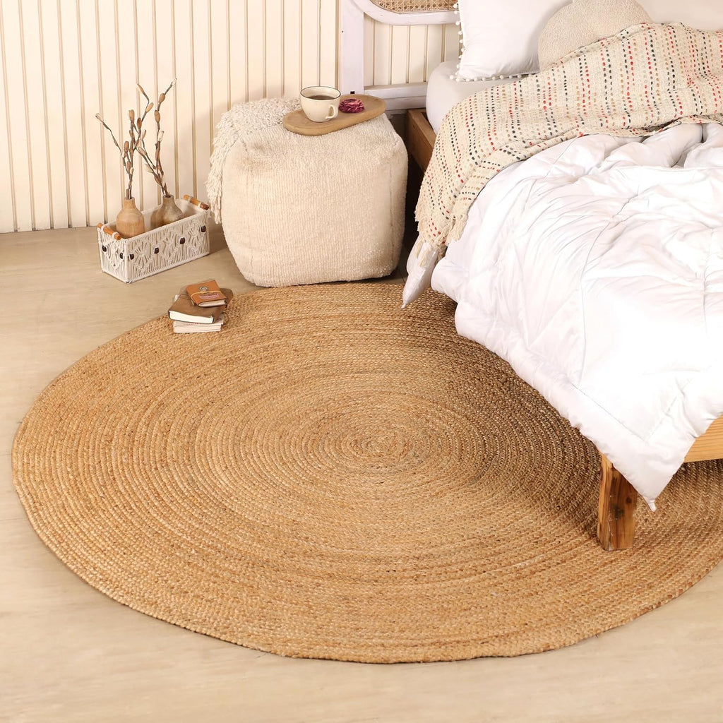 Handwoven 6ft Round Jute Rug Natural Rustic Reversible Living Room Area Rug